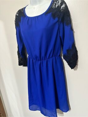 Charming Charlie Royal Blue Dress Size S Black Lace Long Sleeve Chiffon Style